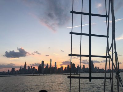 View of the Chicago skyline at twilight from the decks of Tall Ship Windy
